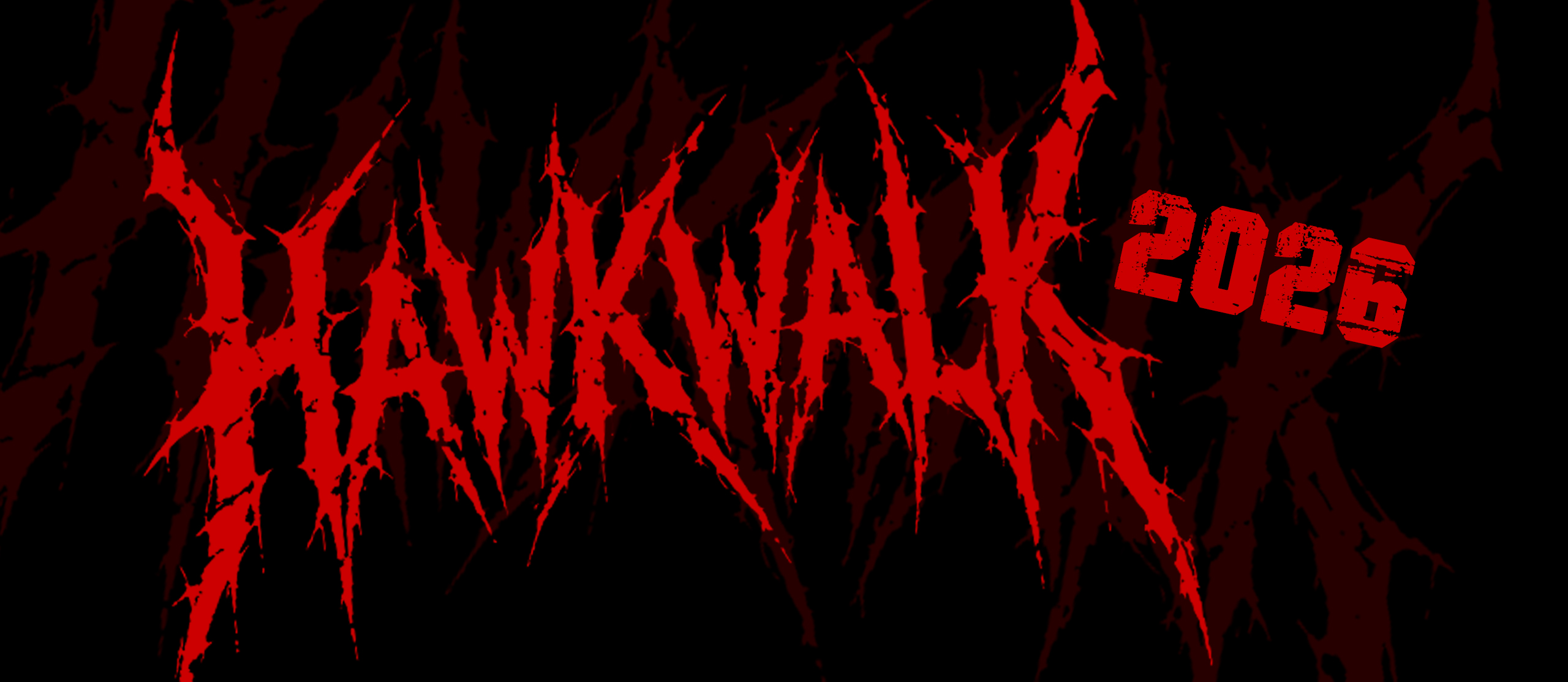 Black background with red "HAWKWALK" text and "2026" in red, bottom right.