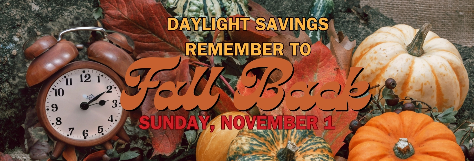 Clock and pumpkins on a grassy background with "Daylight Savings Remember to Fall Back" in bold orange text.