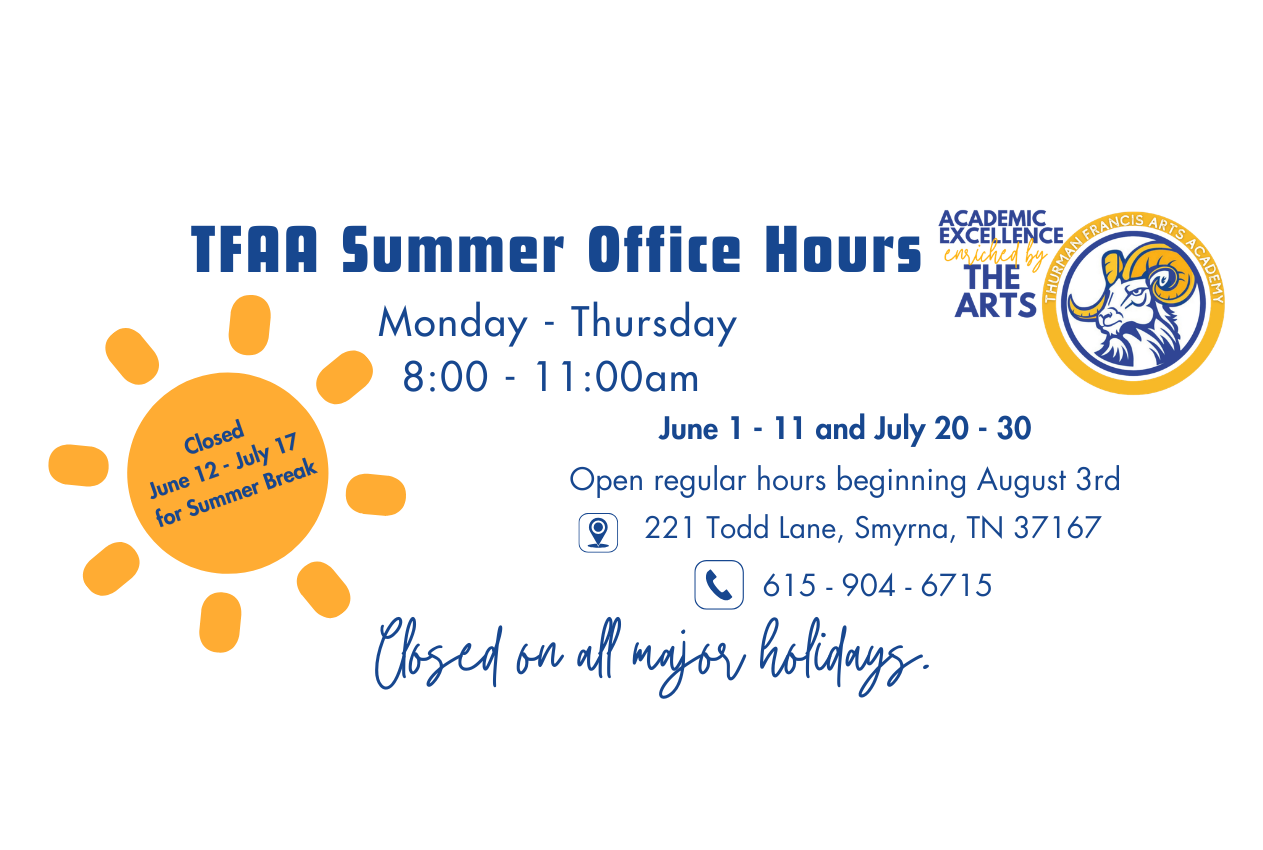 Blue and white flyer with logo and text for TFAR Summer Office Hours, listing hours, contact, and address.