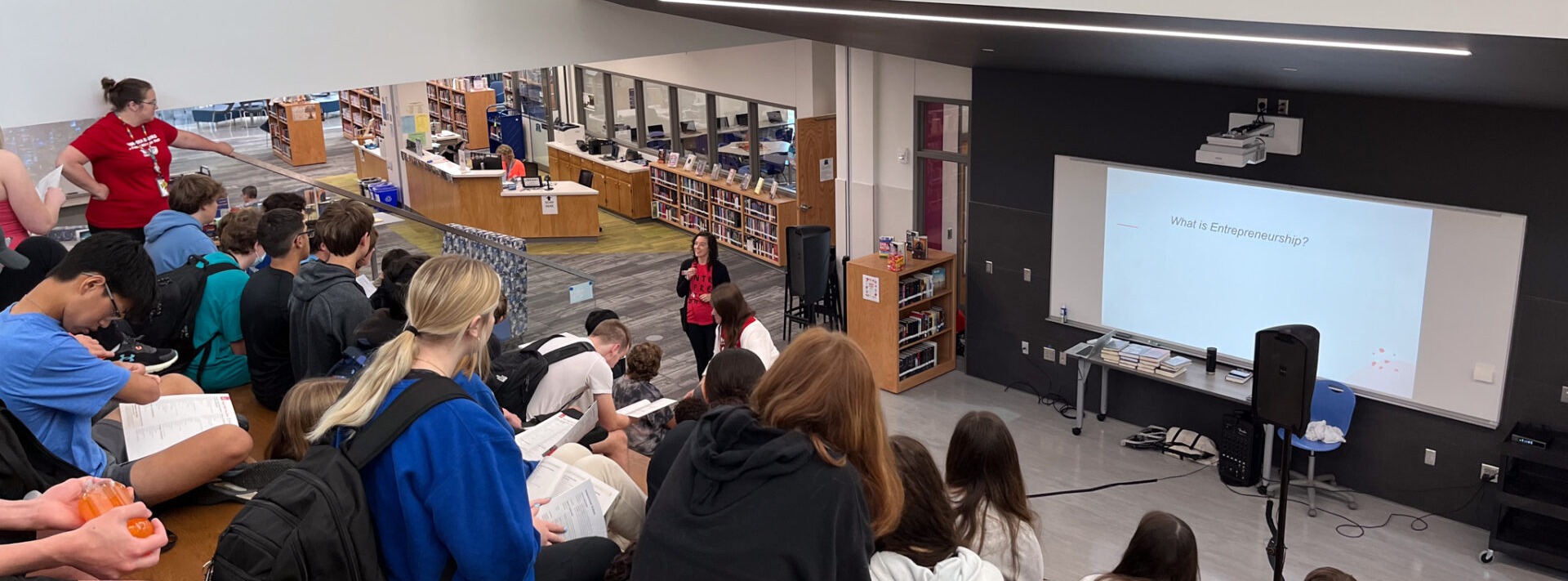 Business students on the Standing Bear Learning Stairs