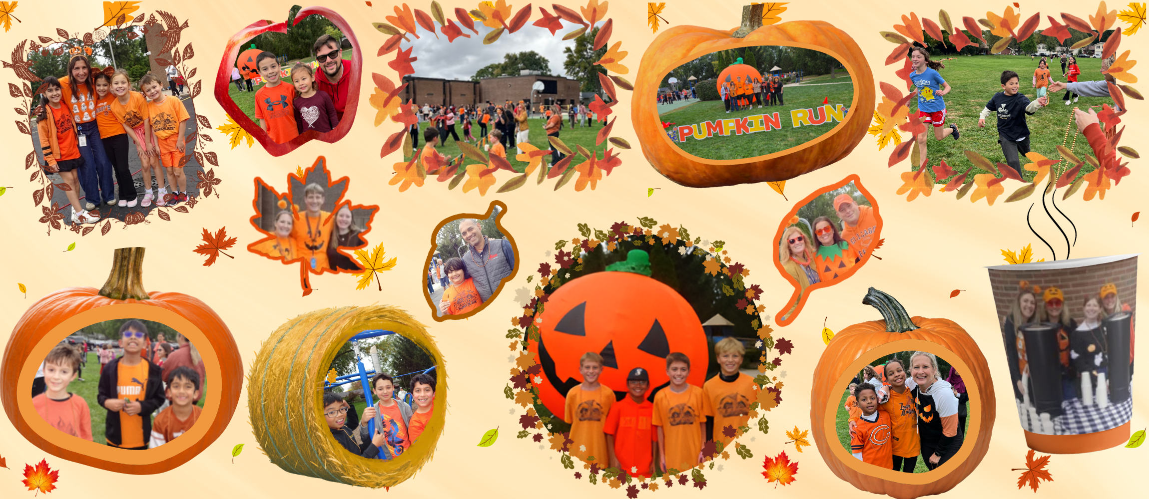 A fall-themed photo collage celebrating the "Pumpkin Run 2026," featuring children, teachers, and parents in orange shirts participating in outdoor school activities. The photos are framed in festive autumn shapes, including pumpkins, fall leaves, a hay bale, and a coffee cup on a light yellow background scattered with fall leaves.