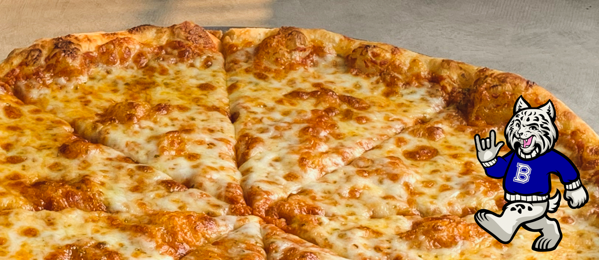 Cheese pizza with cartoon bobby the bobcat