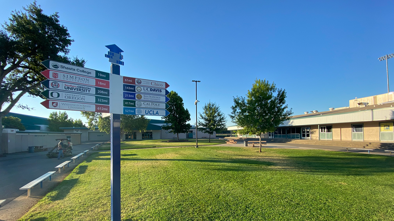 Directional sign post with multiple signs in front of a large grassy field with trees.