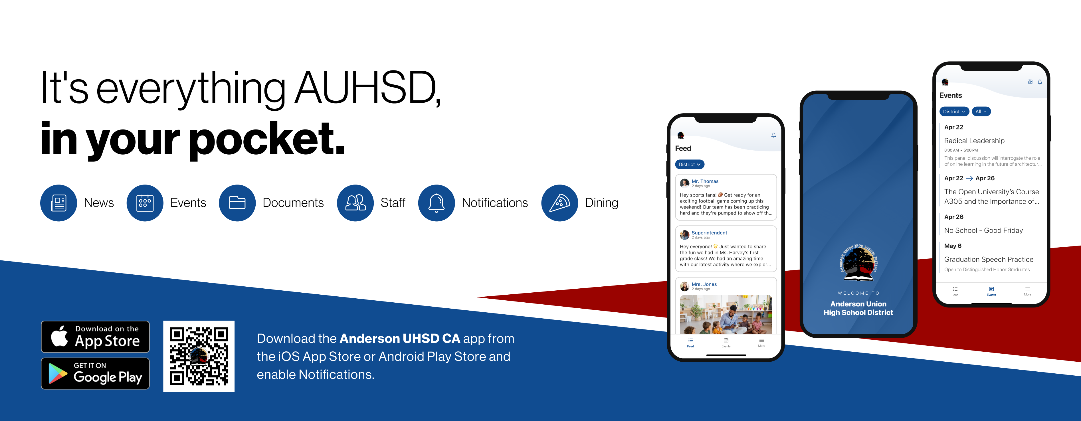 Blue and white banner with text "It's everything AUHSD, in your pocket". Three smartphones show a mobile app interface.