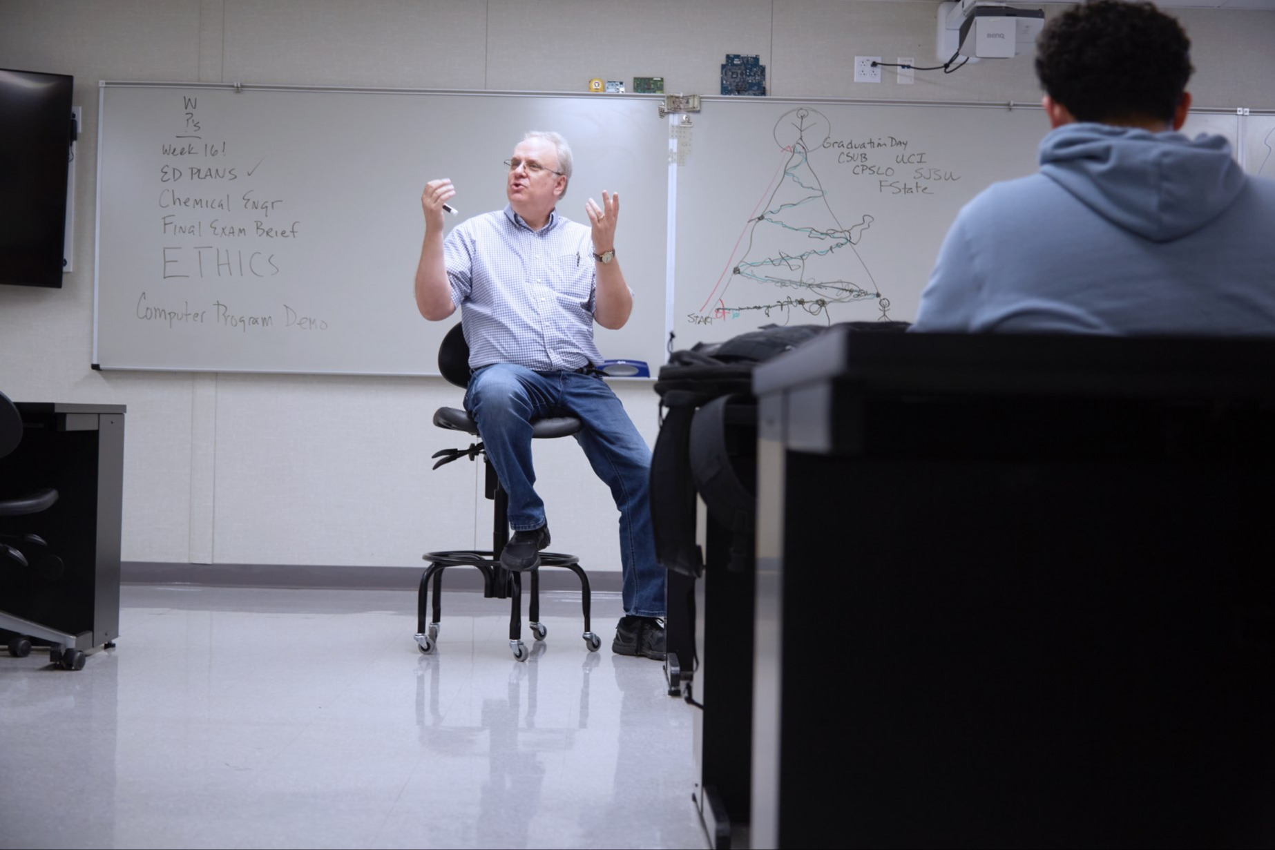 A man in a white shirt and jeans sits on a stool in a classroom, gesturing with his hands.