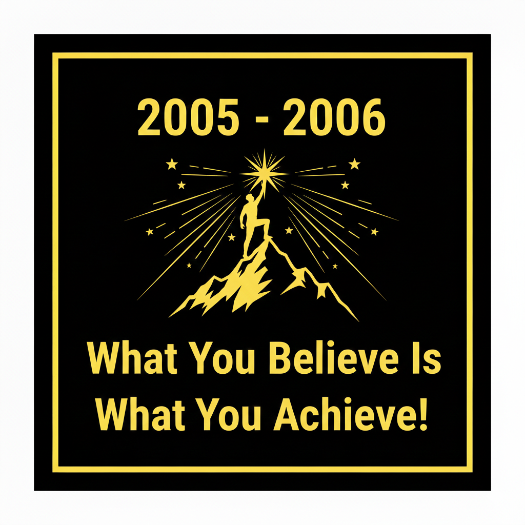 Black square with yellow border. Graphic of climber at peak with stars. "2005 - 2006" above. Quote below climber.