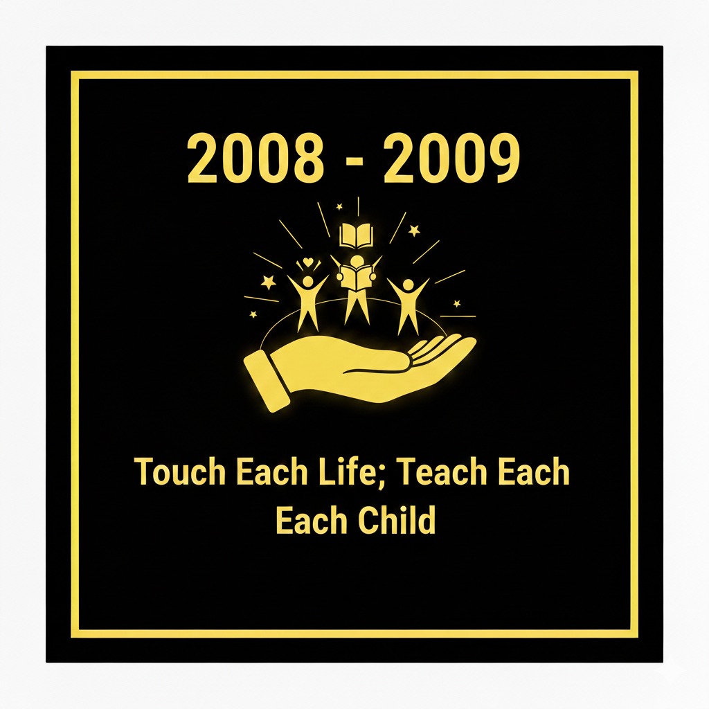 Black square with gold border. Years 2008-2009 in gold font. Graphic of a hand holding four children and a book. Text reads "Touch Each Life; Teach Each Child."