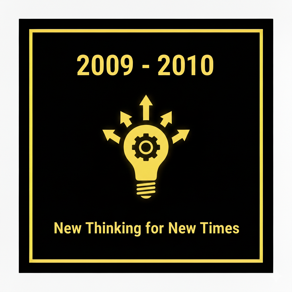 Black square with a yellow border. Yellow light bulb with gears and arrows pointing up. Years 2009-2010 at top. Text below: "New Thinking for New Times".