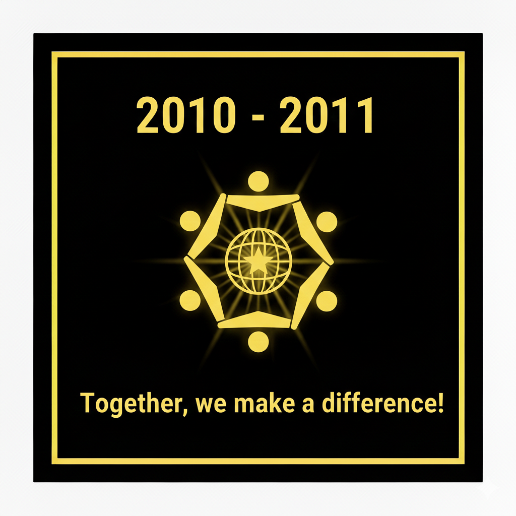 A square image features a black background with a yellow border. A yellow globe sits inside a yellow hexagon, surrounded by six yellow figures. Above, it reads "2010-2011". Below, it reads "Together, we make a difference!"