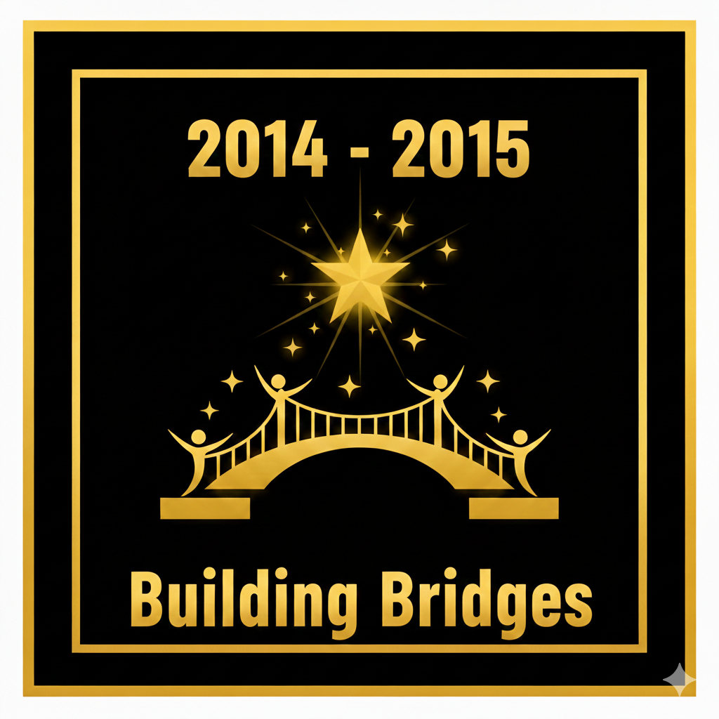 A black background with a golden bridge logo, star, and text "Building Bridges" with years "2014-2015" above.