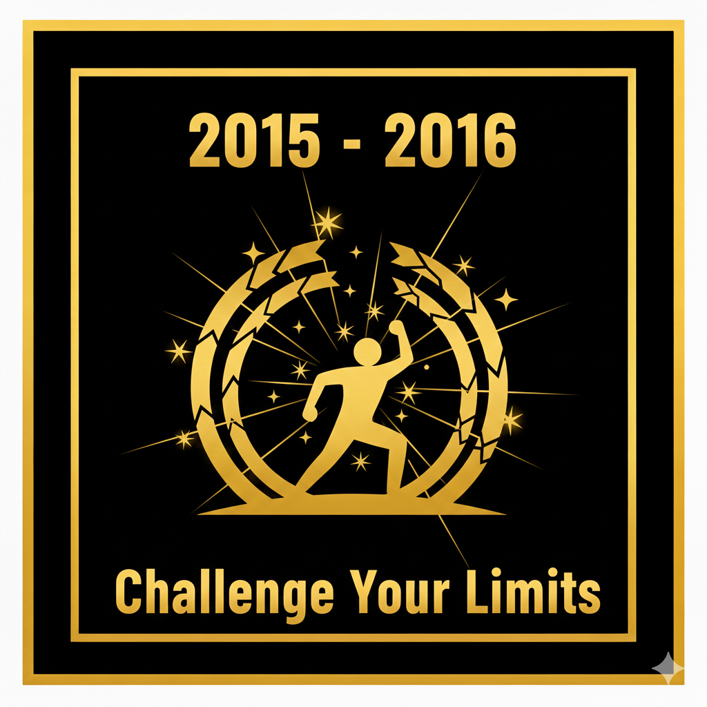 Logo with black background, gold frame, and central figure of a runner. Text reads "2015-2016" and "Challenge Your Limits".