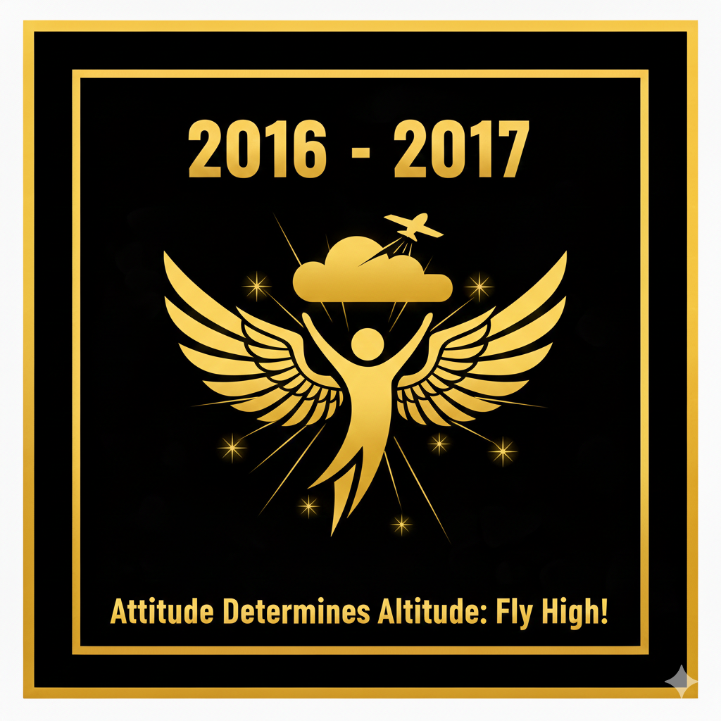 Black and gold plaque with "2016 - 2017" in gold. A winged figure with a cloud and airplane above. The text reads "Attitude Determines Altitude: Fly High!"