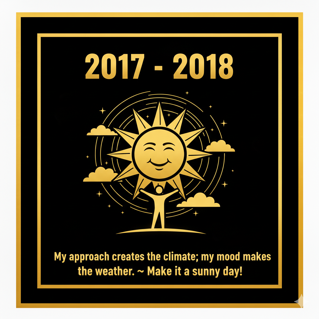 A black poster with a gold border displays a sun, clouds, and a person raising their arms. Text reads "2017-2018" and a motivational quote.