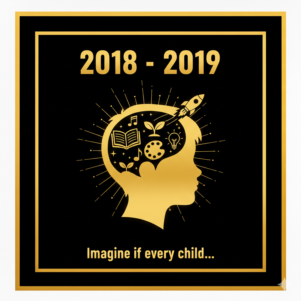 Gold silhouette of a head with brain symbols, text "2018 - 2019" above, and "Imagine if every child..." below.