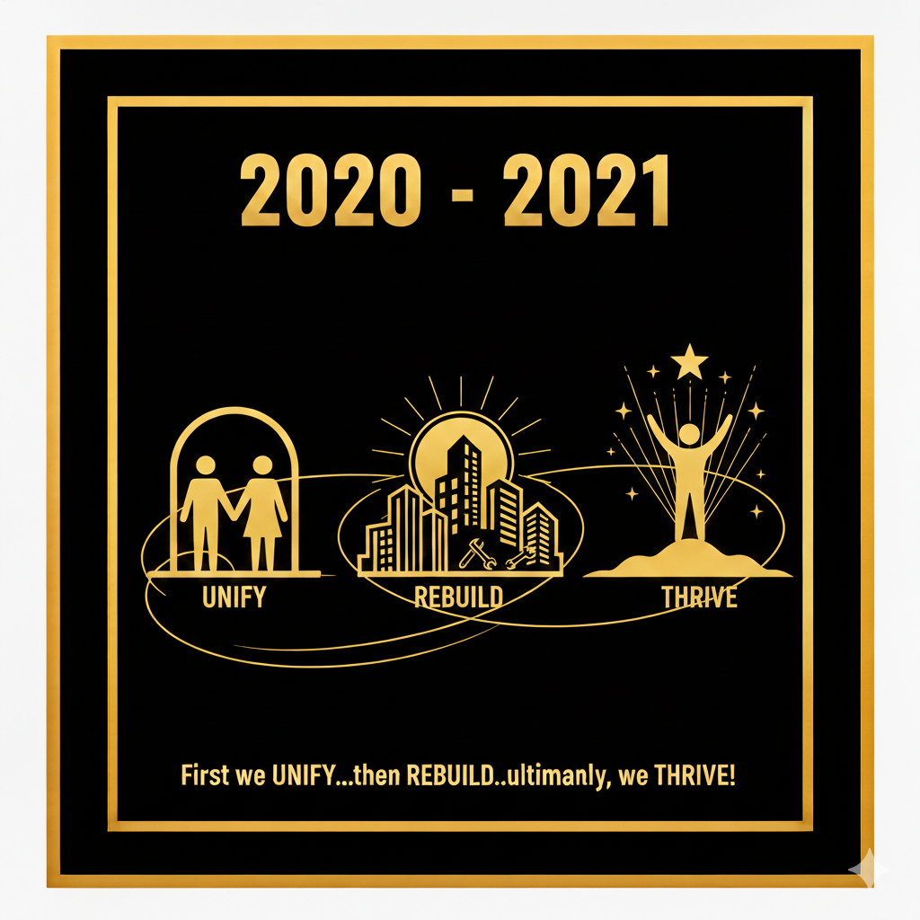 A black backdrop displays a golden frame with the years 2020-2021. Three icons: two people, a city, and a person raising a hand. Below are the words: "UNIFY, REBUILD, THRIVE" and a motto.
