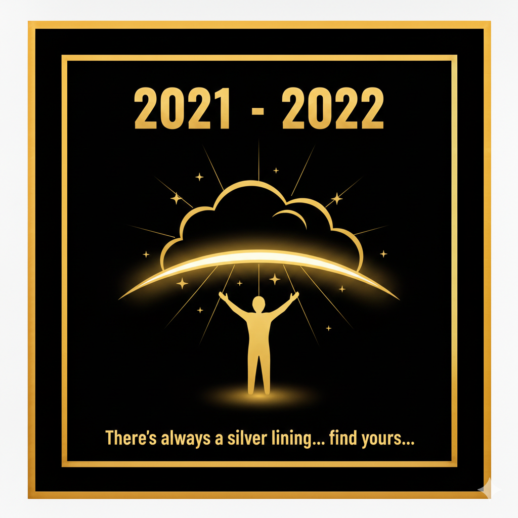 Graphic shows a golden cloud with a rising sun and a person standing beneath it. Text reads: "2021-2022, There's always a silver lining... find yours..."