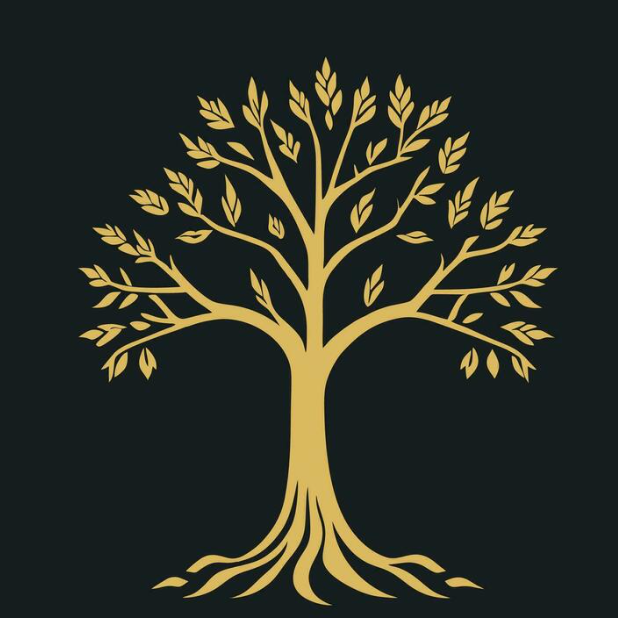 Golden tree illustration on black background, featuring a trunk and branches with leaves, roots visible.