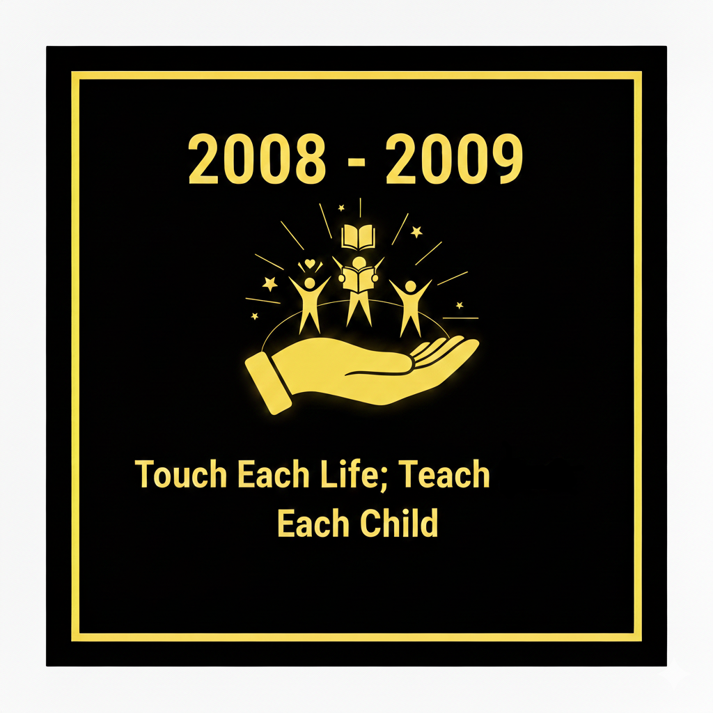 Black background with gold border. Text "2008 - 2009" at top. Center: hand icon holding children. "Touch Each Life; Teach Each Child" below.