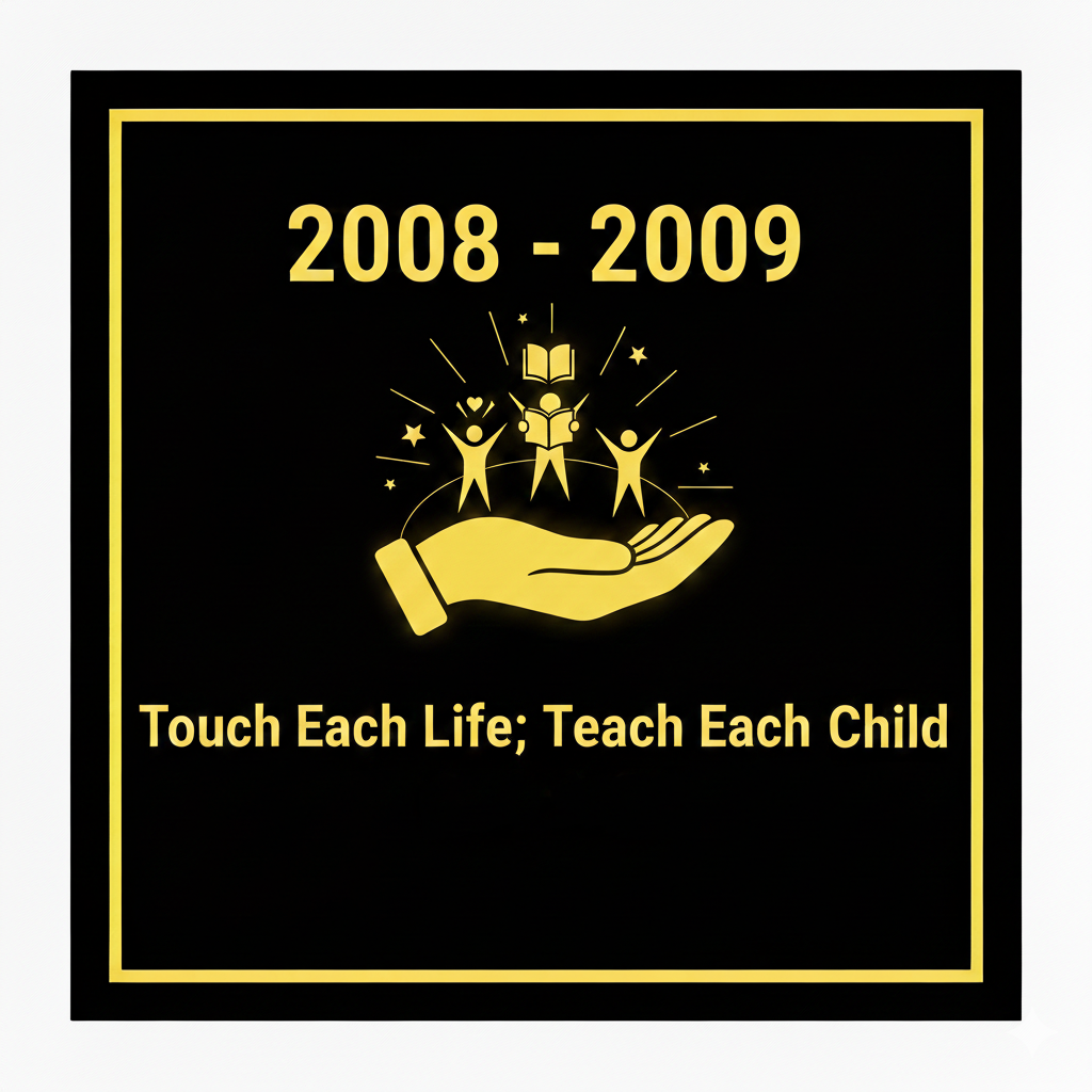 Black square with a yellow border. Centered is an image of a hand holding four figures with books, with rays of light. Text reads "2008-2009" and "Touch Each Life; Teach Each Child".