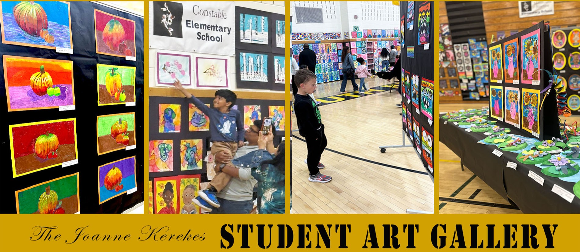 Three photos of a student art gallery. One shows children looking at artwork, another shows artwork, and the last shows a display table.