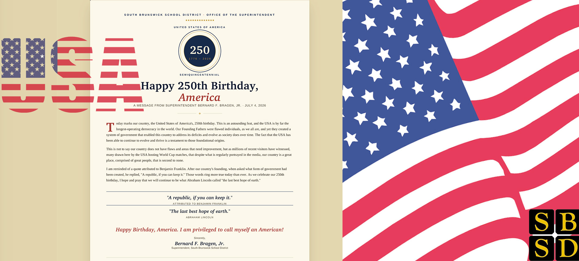 An invitation card features a large USA text, stars, and stripes, with a bold "Happy 250th Birthday, America" message. An American flag appears on the right.