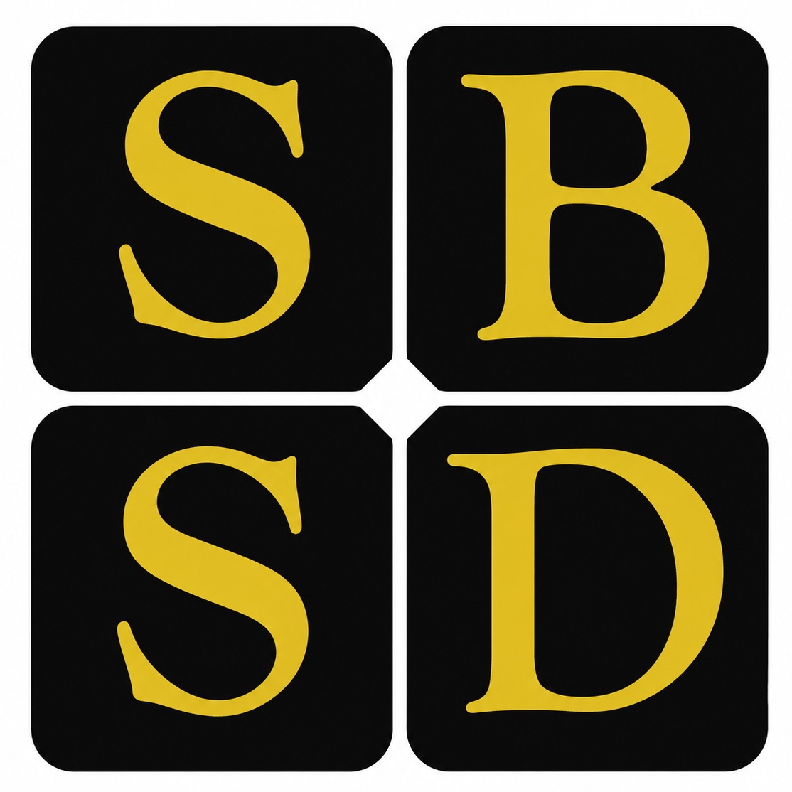 A square design with the letters S, B, S, and D in yellow on a black background. Color codes are below.