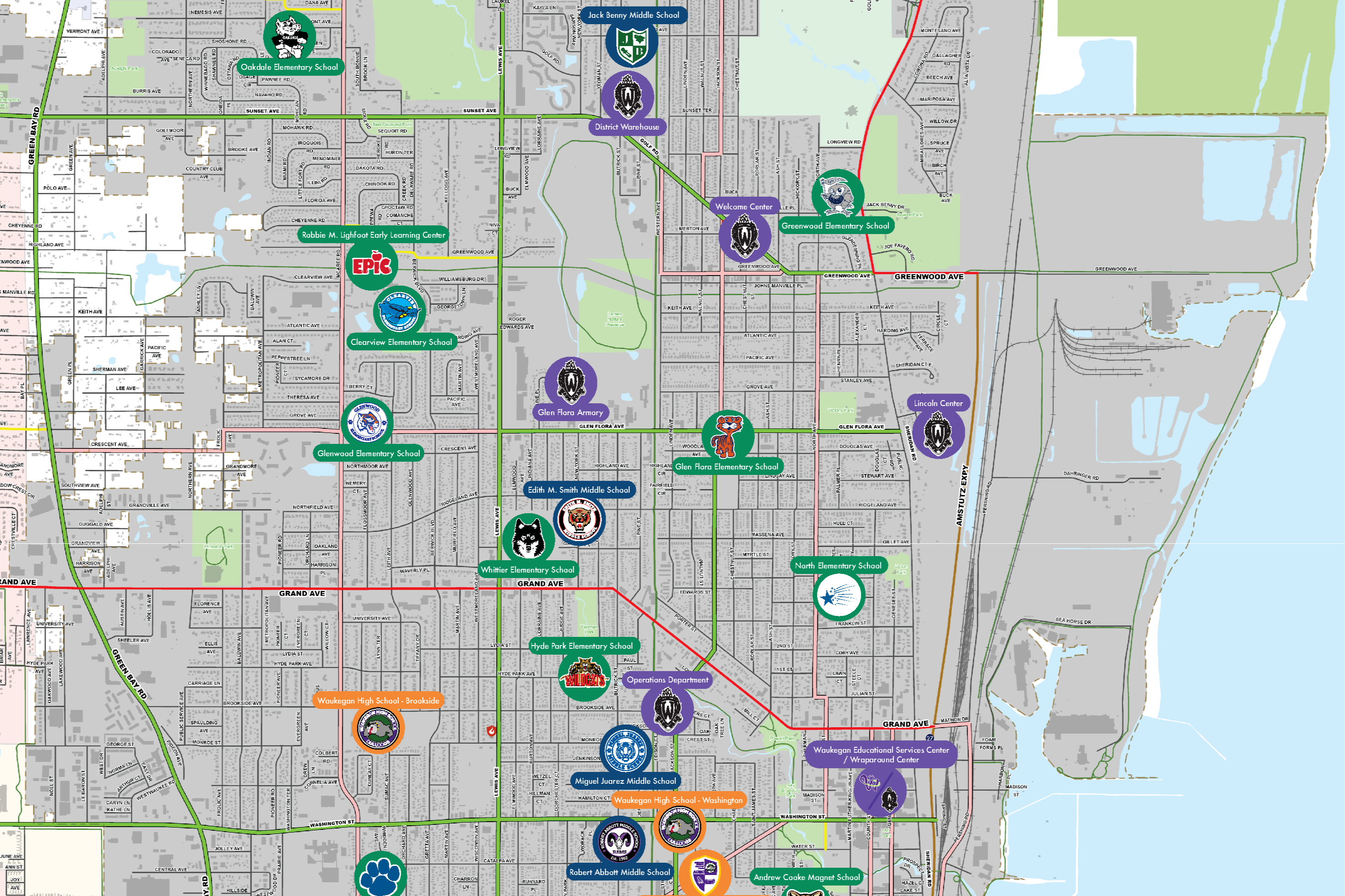 Map of Waukegan showing school buildings