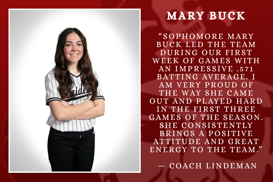 A poster with a red background and white text. It features an image of a woman with arms folded. The text includes "Athlete of the Week" and a recognition of Mary Buck.