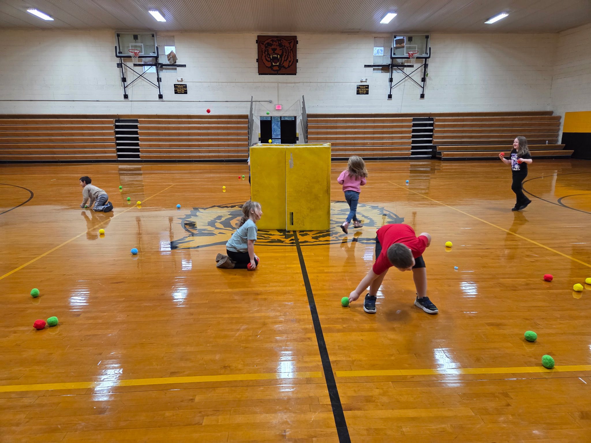 Elementary School children playing in a gym with balls 