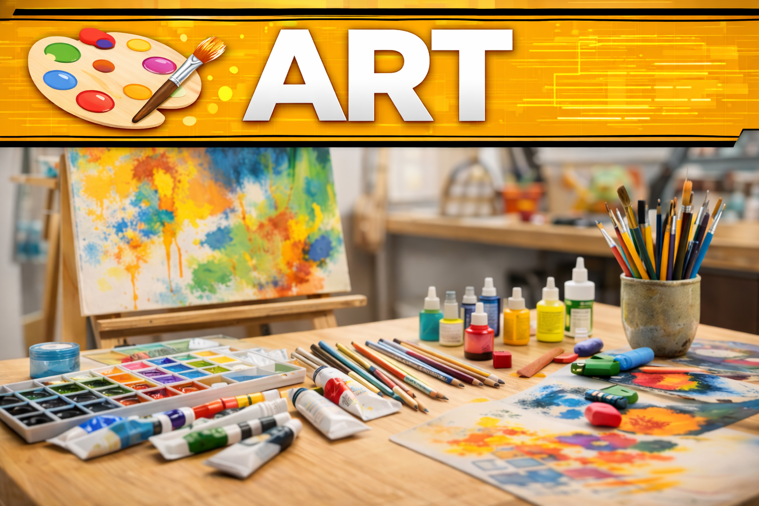An art studio with a palette, brushes, paints, and an easel with a colorful painting.