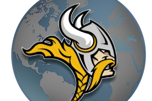 Emblem of a Viking helmet with horns, beard, and flowing yellow hair, set against a map of Earth.