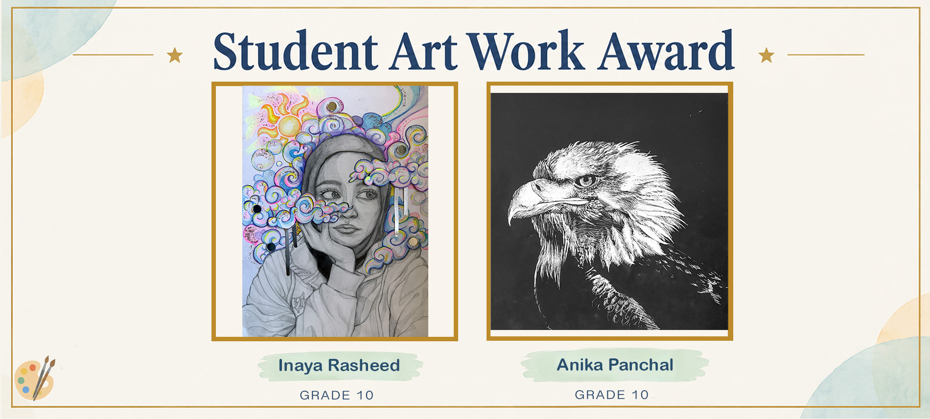 A student art award features two images. The left is a portrait of a young woman with a colorful, abstract background. The right image is a black-and-white drawing of an eagle.