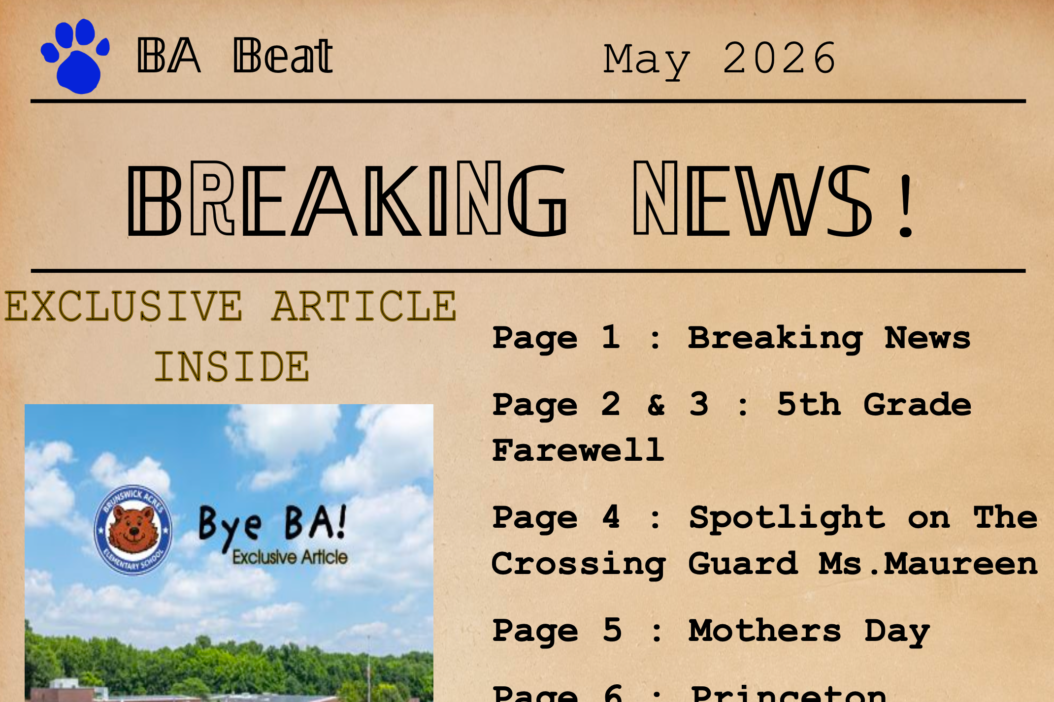 A newsletter page with a headline "Breaking News!" and a "BA Beat" logo. It lists contents for May 2026.