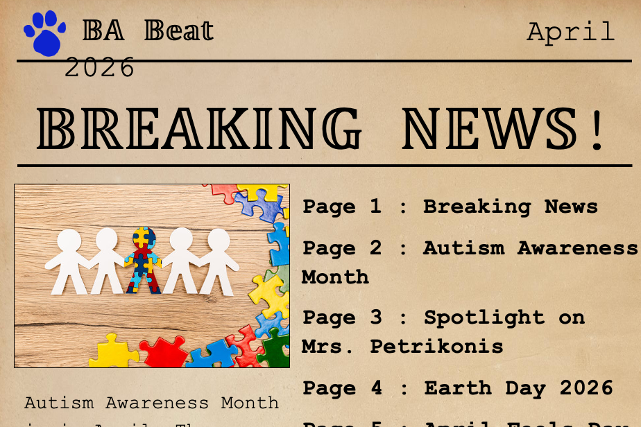 A bulletin board with sections for "Breaking News," "Autism Awareness Month," "Spotlight on Mrs. Petrikonis," "Earth Day 2026," "April Fools Day," and "Cartoon Corner."