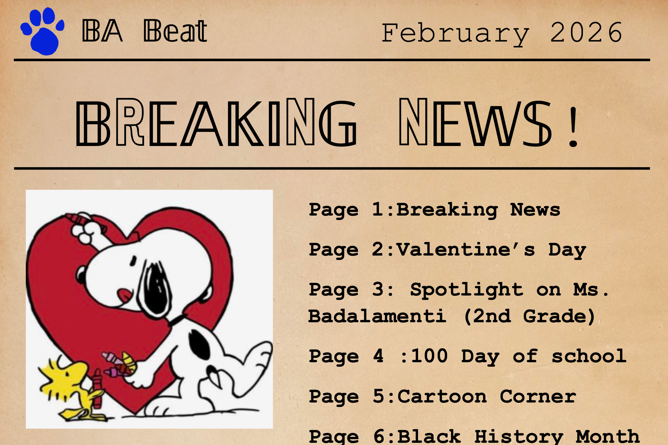 Document titled "BA Beat" for February 2026. It includes "Breaking News," "Valentine's Day," a spotlight on a student, "100 Day of School," "Cartoon Corner," and "Black History Month."