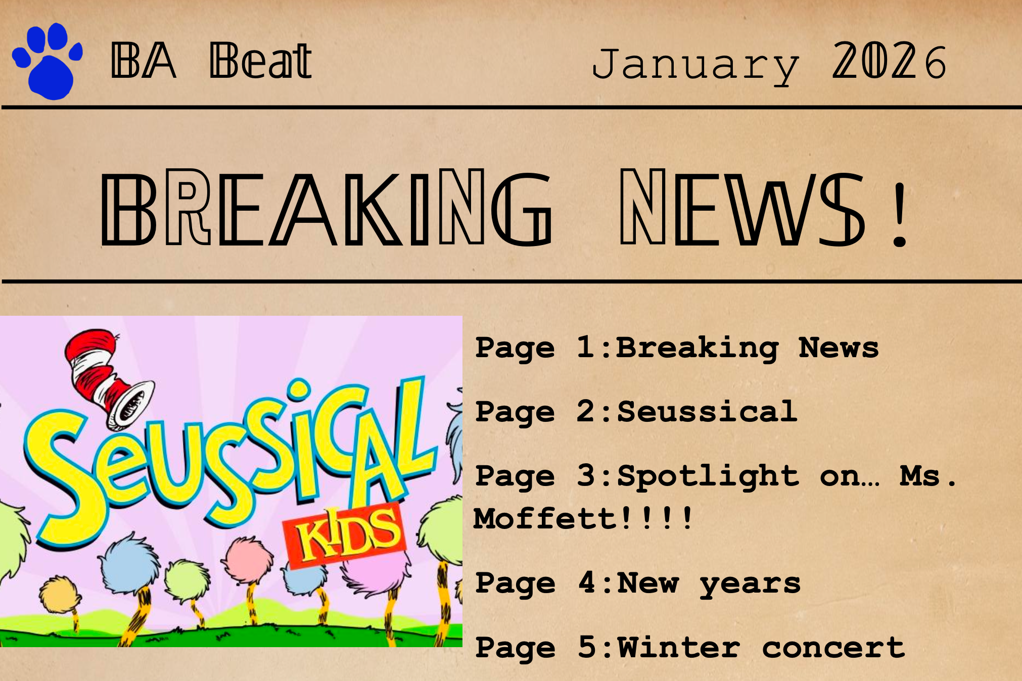 Document with "Breaking News!" heading and "BA Beat January 2026" label. Sections include "Breaking News", "Seussical", "Spotlight on Ms. Moffetti!!!" and "New Years".