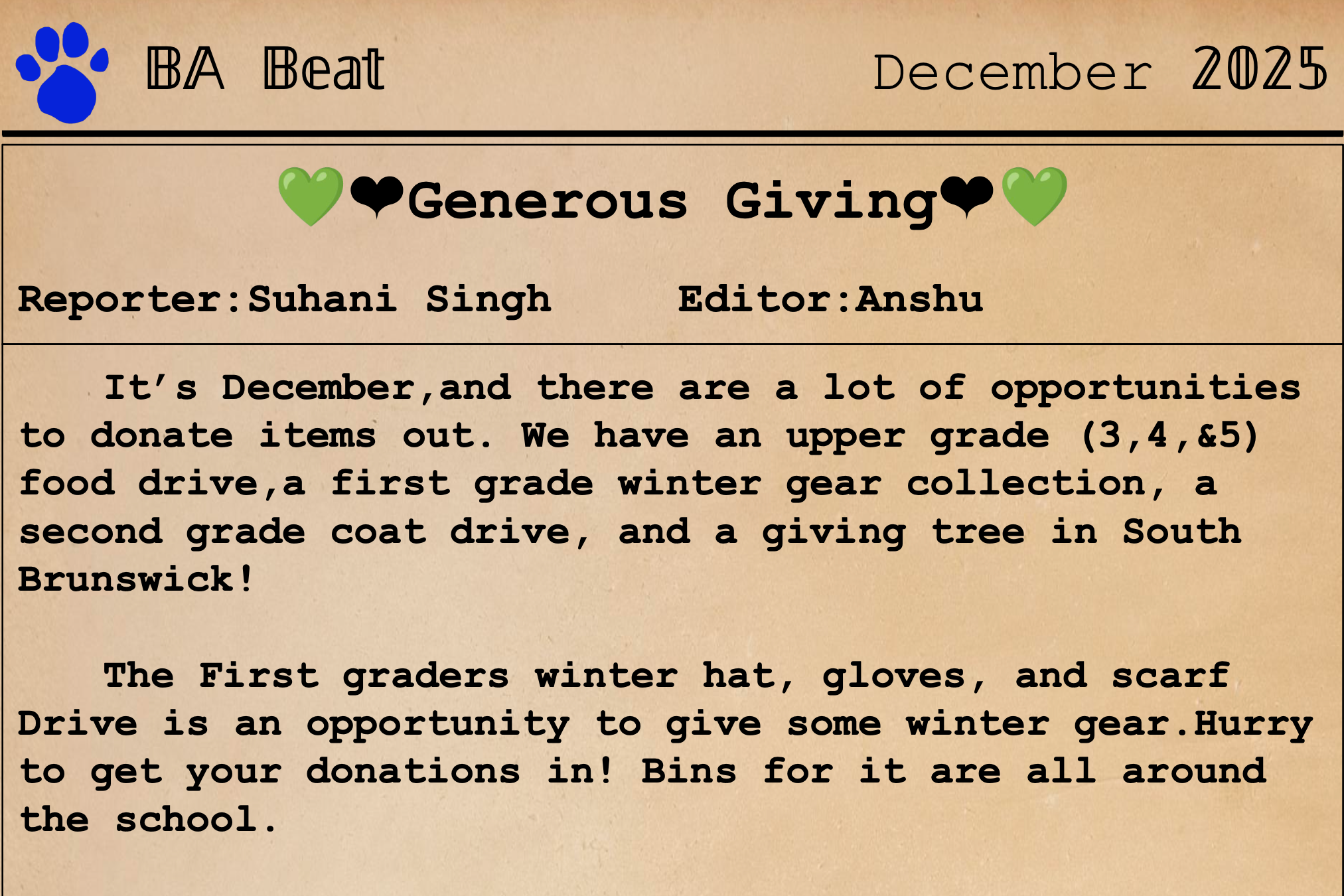 A page with text and green icons. It reads "Generous Giving" and includes details about donation opportunities in December.