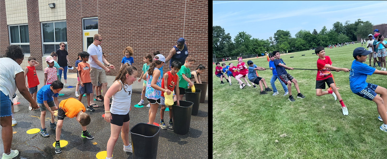 Two images depict children in different activities: one with children playing water balloon toss near a building, and the other with children engaged in a tug-of-war on a grassy field.