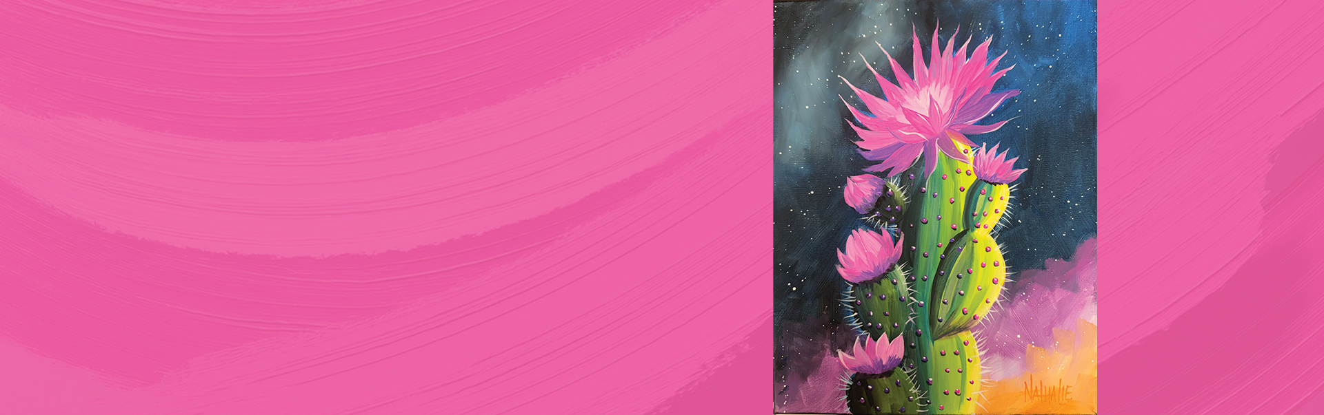 Painting of a cactus with pink flowers