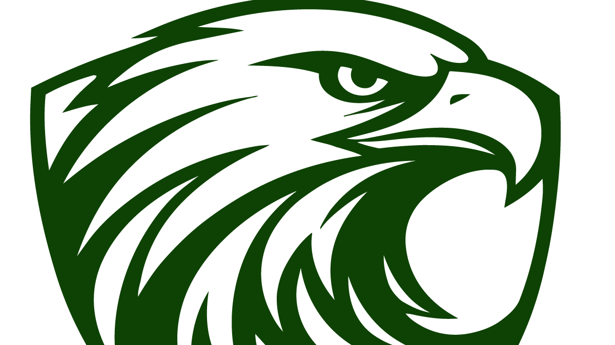 Green design of a bird with wings and a shield-like background.
