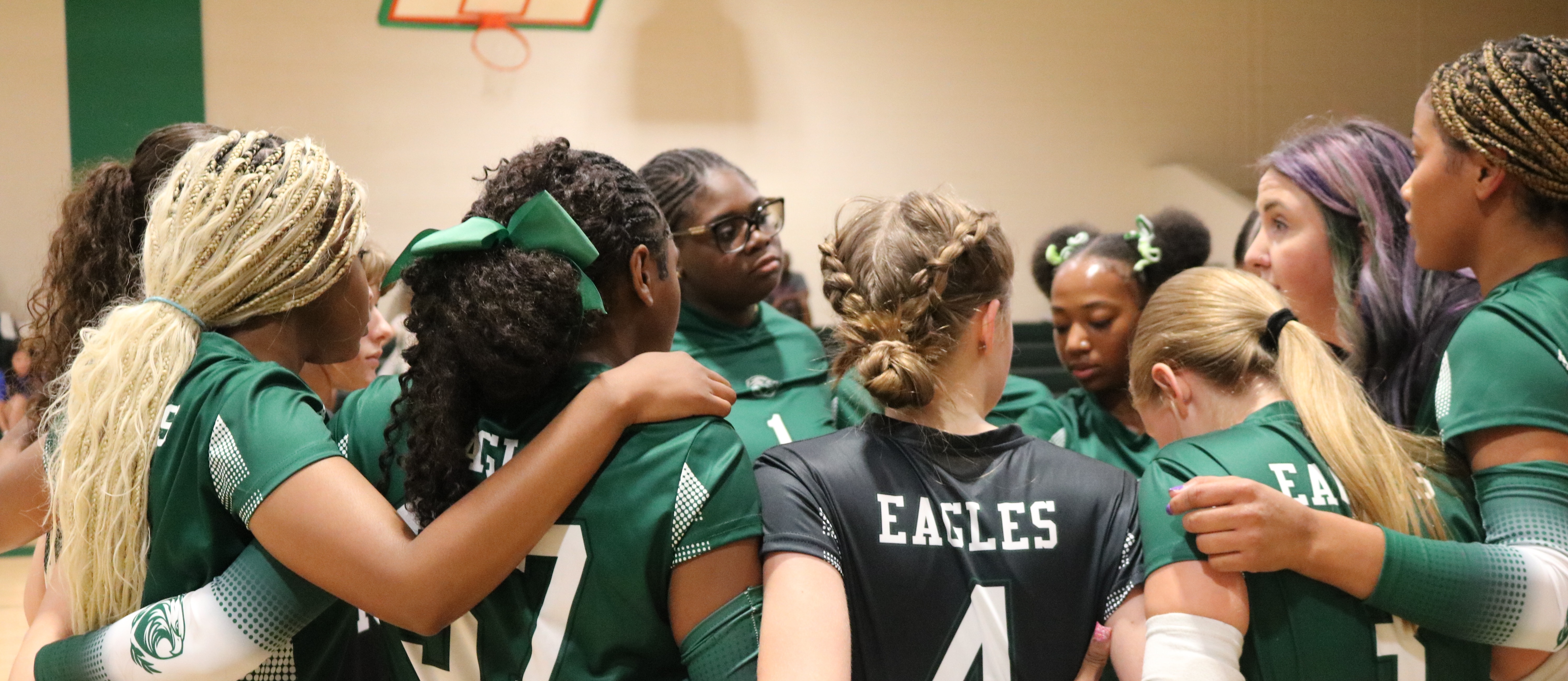A volleyball team huddles in a gymnasium, wearing green uniforms with numbers. Players 4, 7, and 3 are in the center.