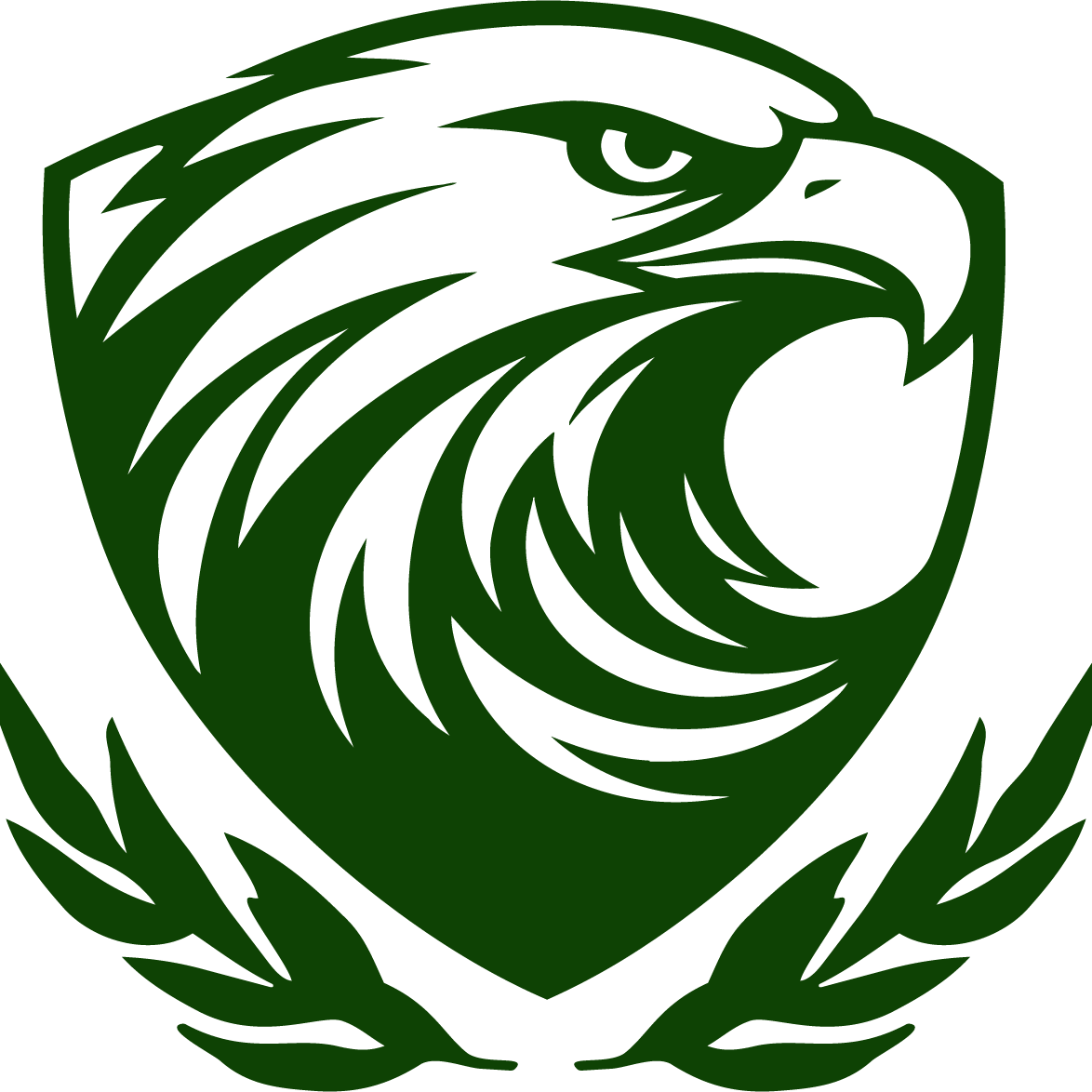 A stylized green bird head within a shield shape, with wings extending from the shield's sides, all on a black background.