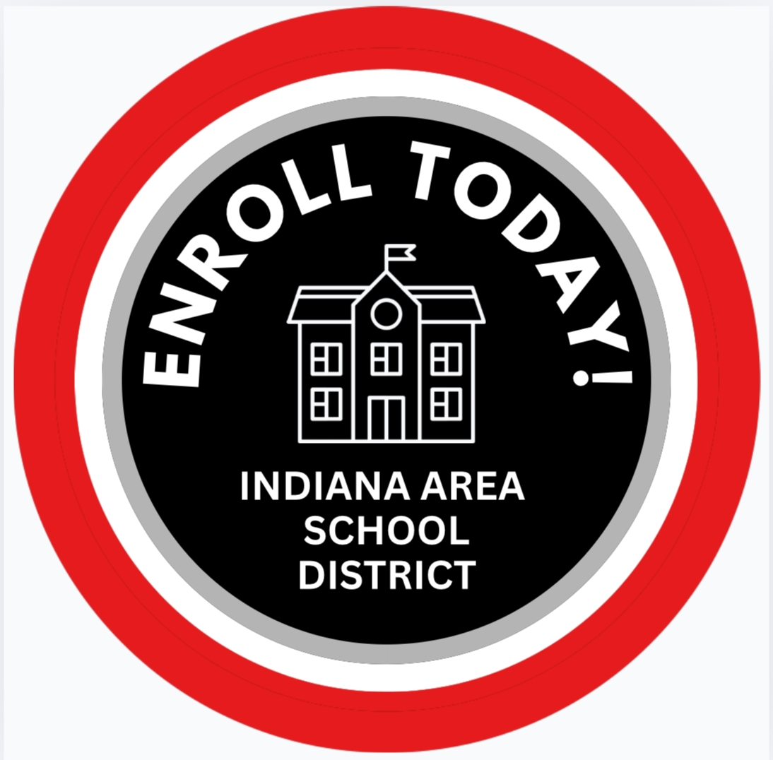 Black and red circle with a school building image and text: "ENROLL TODAY!" Below is "INDIANA AREA SCHOOL DISTRICT."