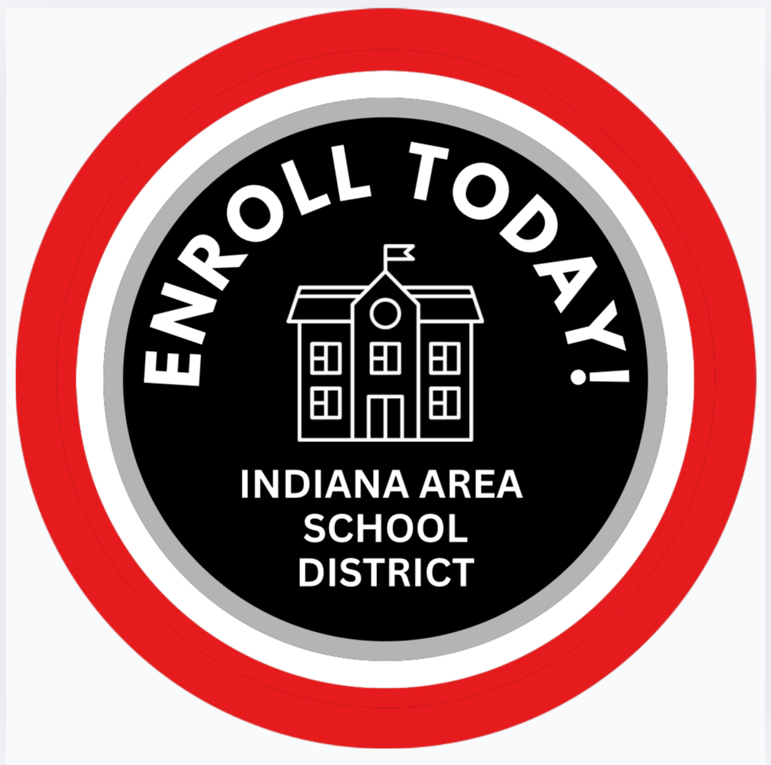 A circular logo featuring a school building graphic. The words "Enroll Today!" appear above the graphic. Below, "Indiana Area School District" is written.