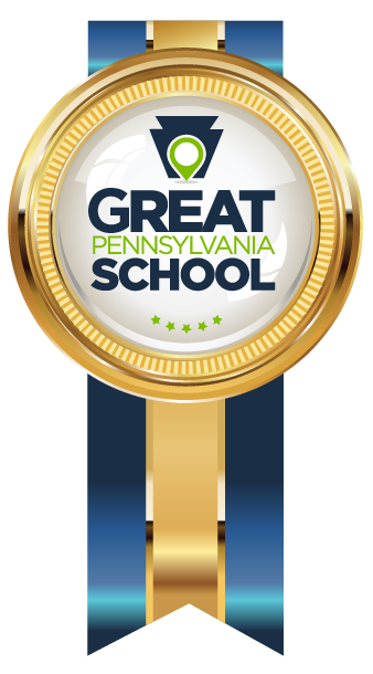 A gold medal with a blue ribbon says "Great Pennsylvania School" on it, featuring a logo and stars.