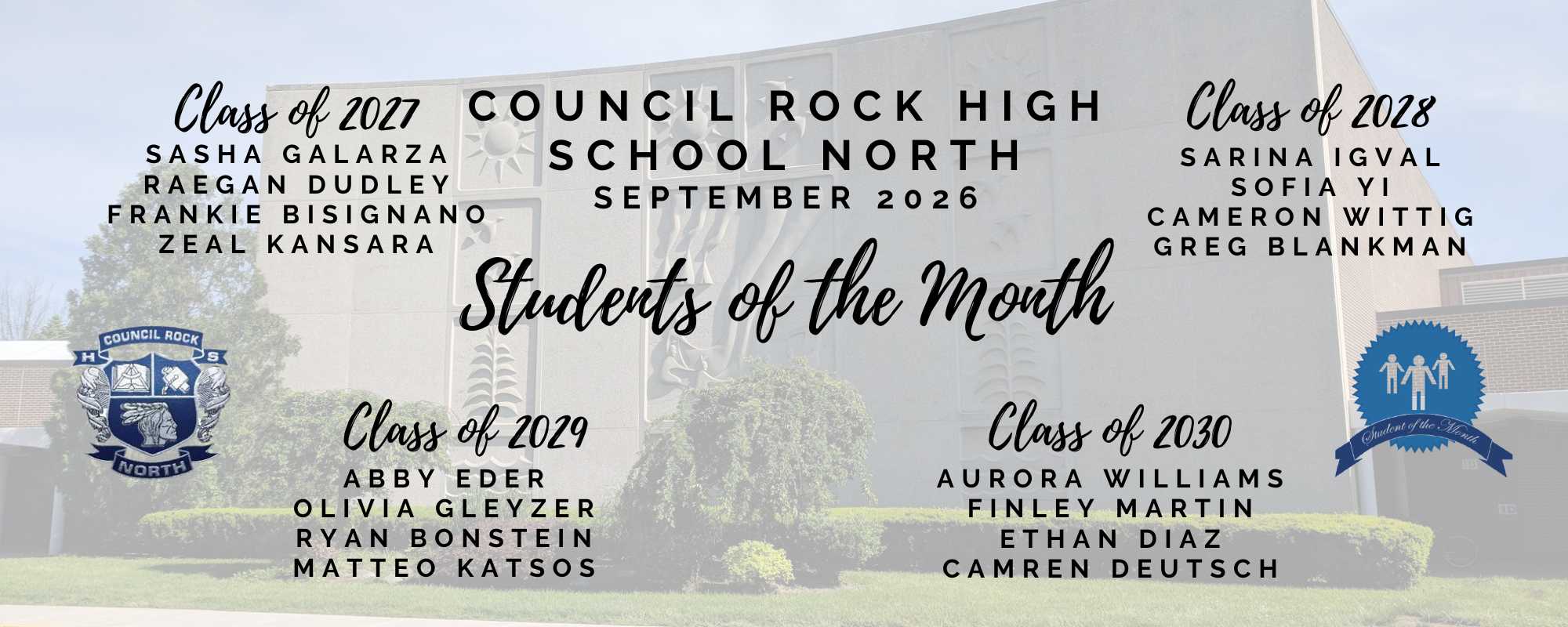 Banner that lists students of the month for September
