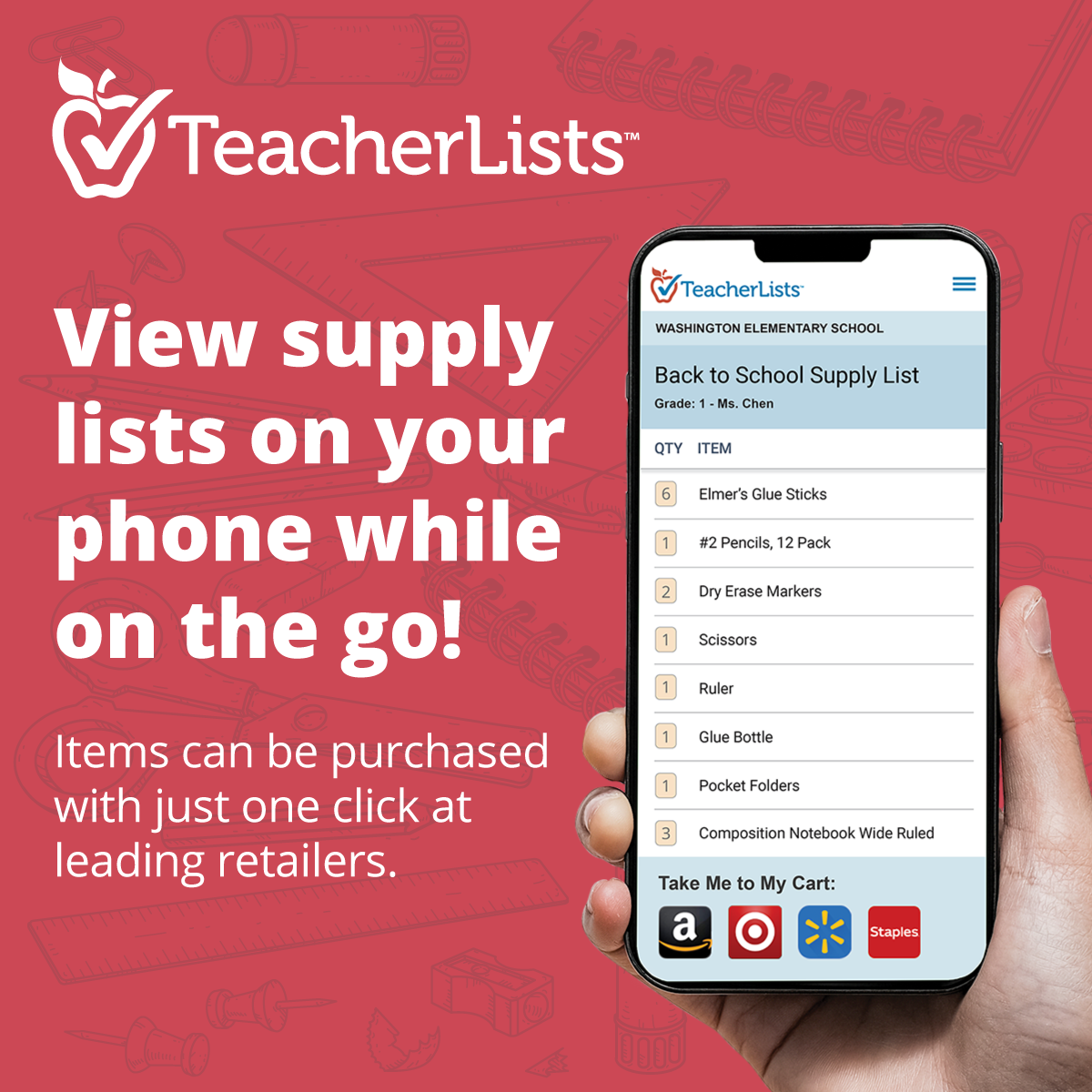 school supply lists available online graphic with person holding phone