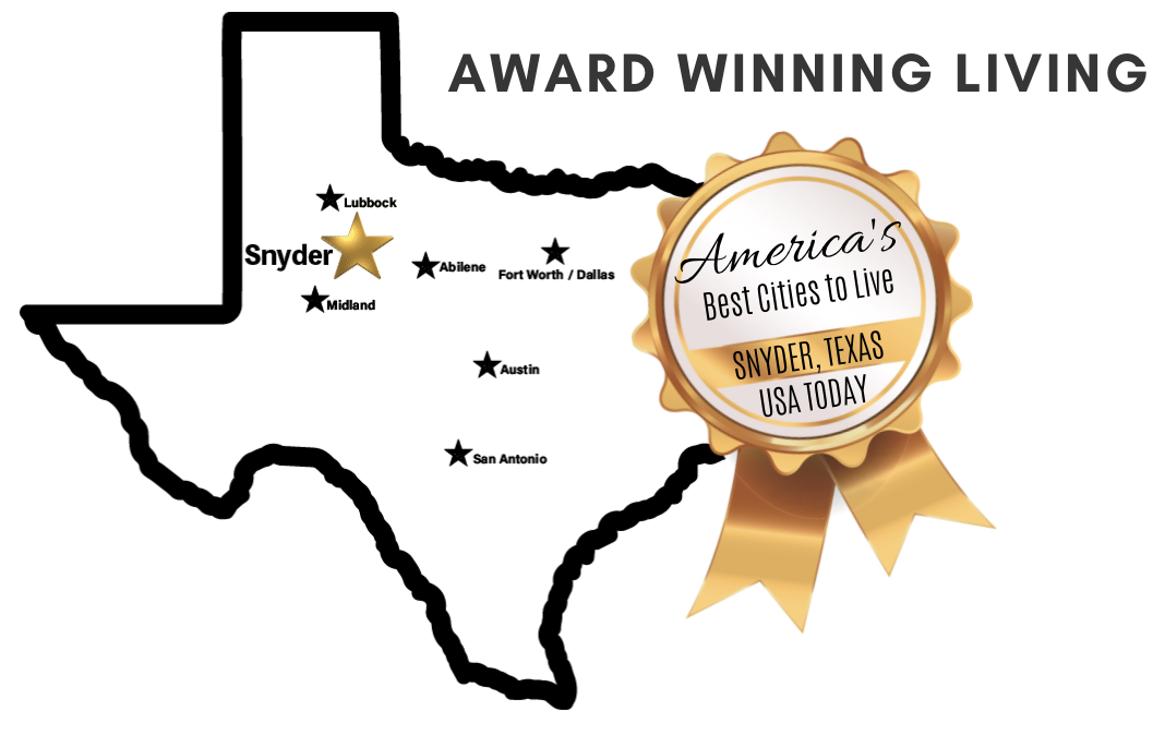 Texas map showing Snyder's central location in Texas and award of best cities to live in.