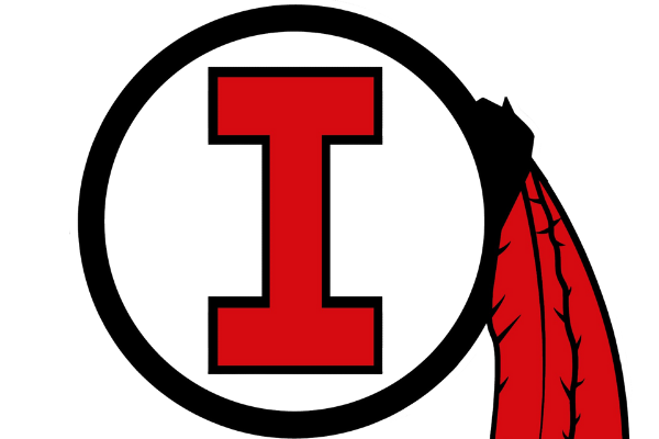 A logo featuring a red "I" inside a black circle, with a red feather headdress extending to the right.