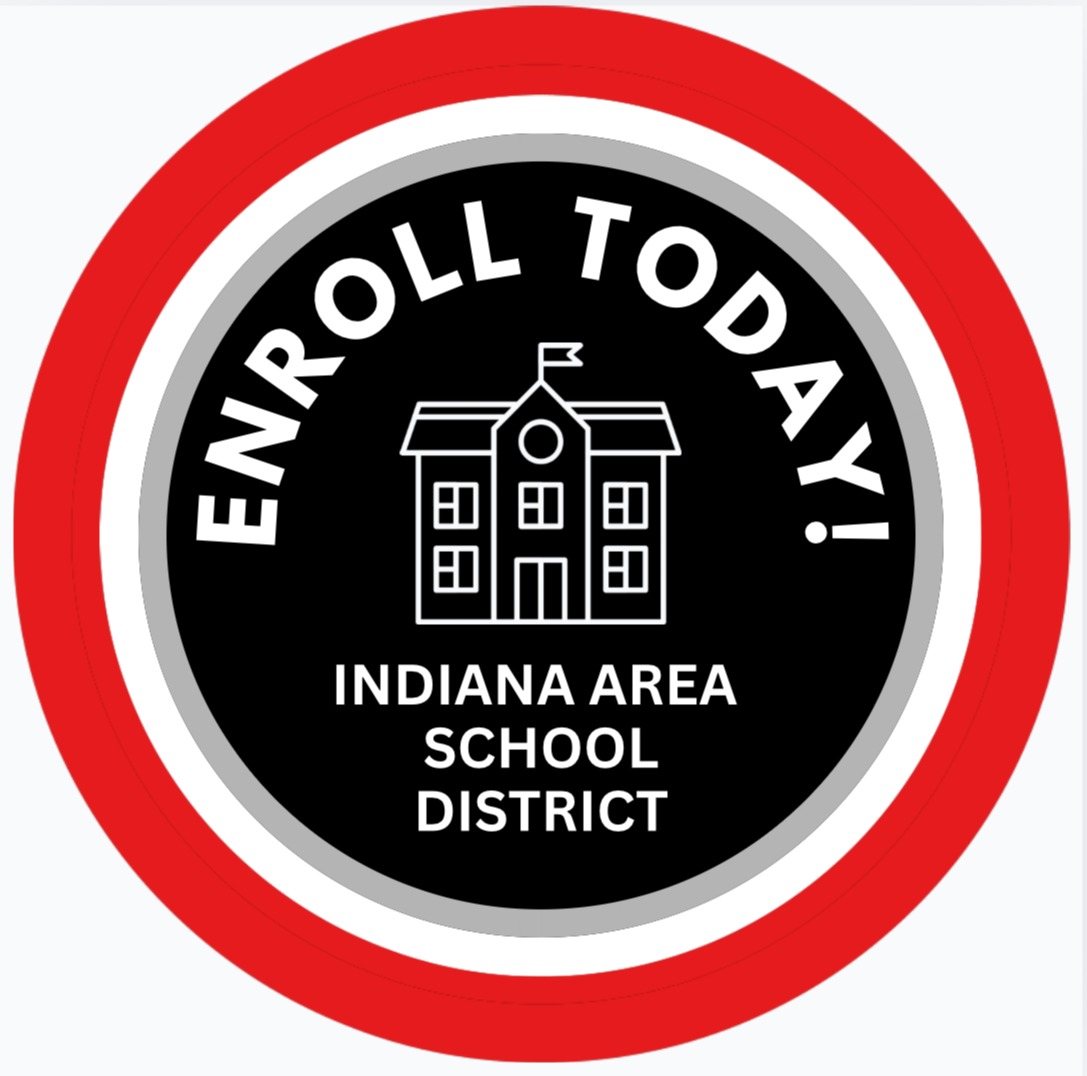 A logo featuring a red circle with a schoolhouse image, centered text "ENROLL TODAY", and "INDIANA AREA SCHOOL DISTRICT" in black.